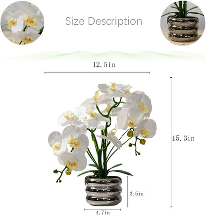 Artificial Orchids Flowers with Vase for Table Centerpieces, Real Touch Faux White Orchid Phalaenopsis in Ceramic Vase for Home Wedding Kitchen Decoration (White, Purple)