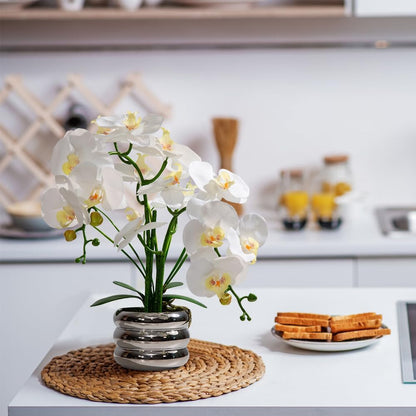 Artificial Orchids Flowers with Vase for Table Centerpieces, Real Touch Faux White Orchid Phalaenopsis in Ceramic Vase for Home Wedding Kitchen Decoration (White, Purple)