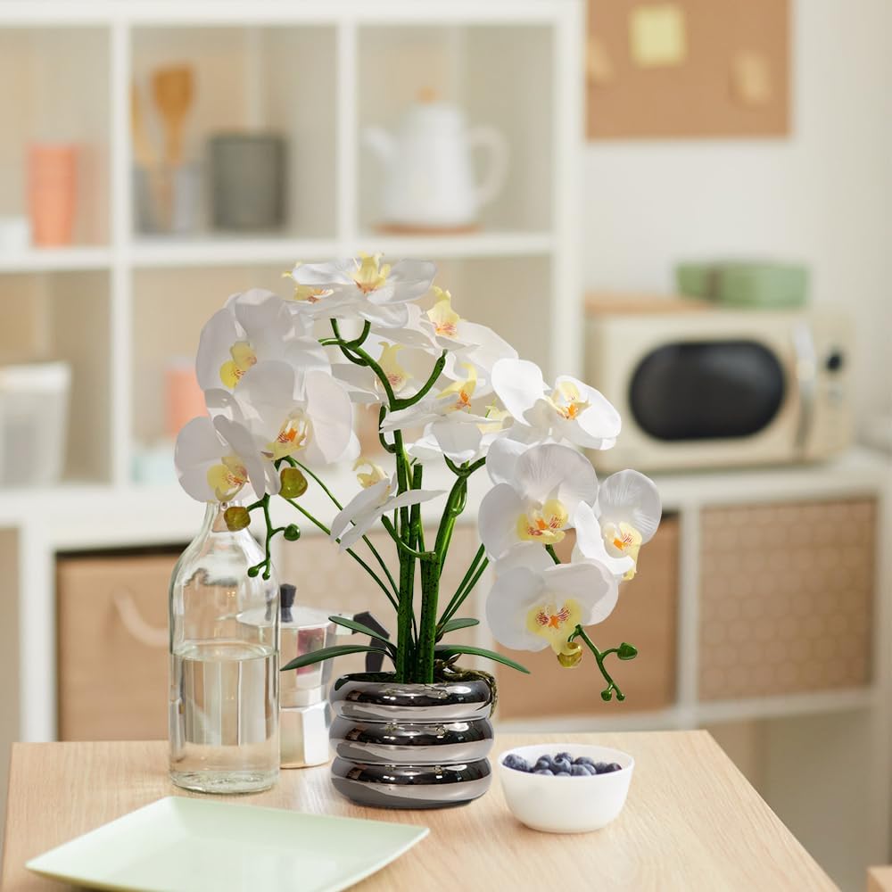 Artificial Orchids Flowers with Vase for Table Centerpieces, Real Touch Faux White Orchid Phalaenopsis in Ceramic Vase for Home Wedding Kitchen Decoration (White, Purple)