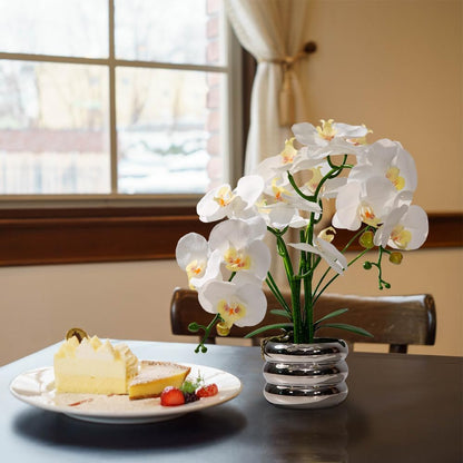 Artificial Orchids Flowers with Vase for Table Centerpieces, Real Touch Faux White Orchid Phalaenopsis in Ceramic Vase for Home Wedding Kitchen Decoration (White, Purple)