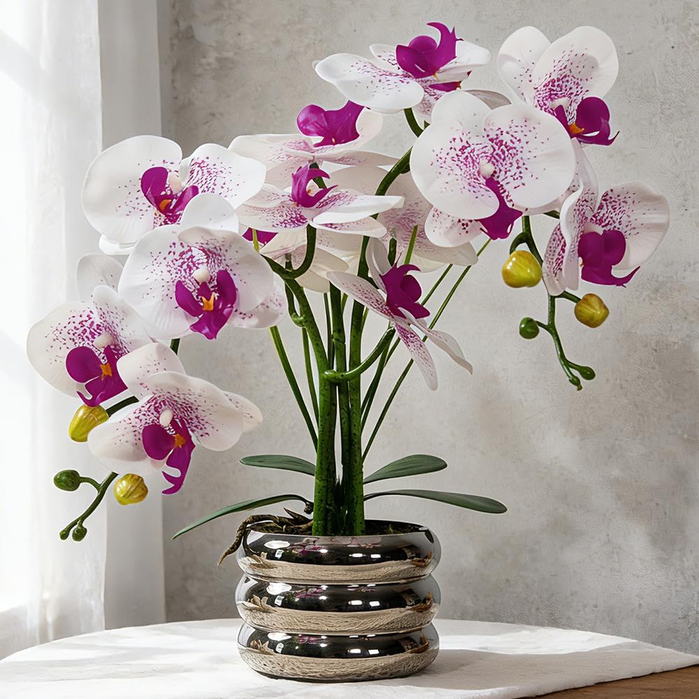 Artificial Orchids Flowers with Vase for Table Centerpieces, Real Touch Faux White Orchid Phalaenopsis in Ceramic Vase for Home Wedding Kitchen Decoration (White, Purple)