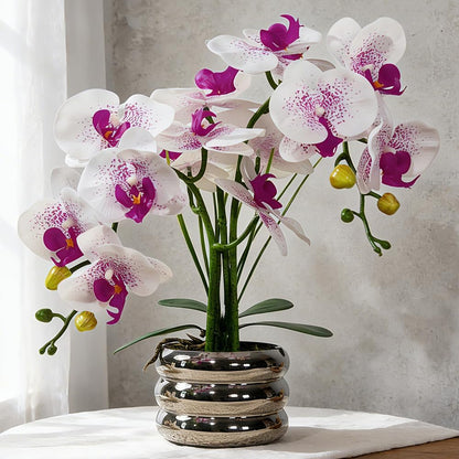Artificial Orchids Flowers with Vase for Table Centerpieces, Real Touch Faux White Orchid Phalaenopsis in Ceramic Vase for Home Wedding Kitchen Decoration (White, Purple)