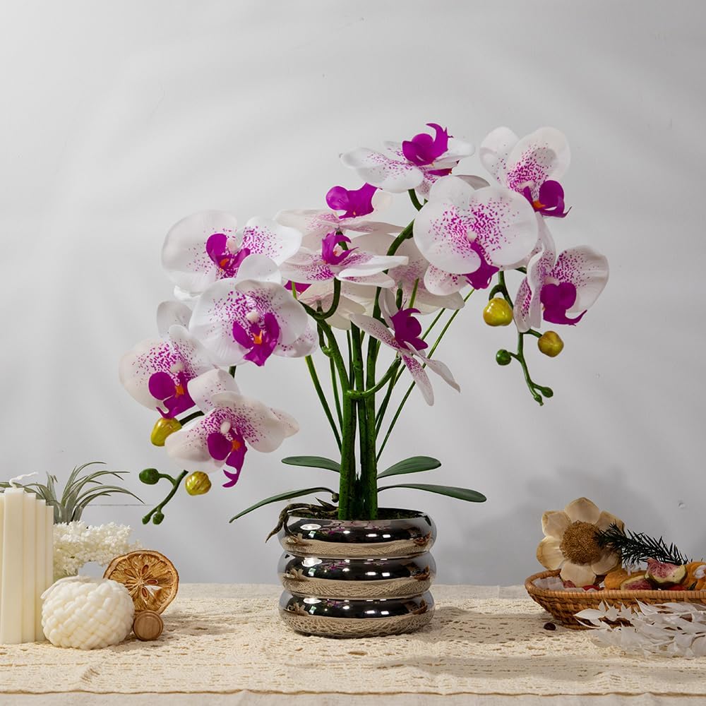 Artificial Orchids Flowers with Vase for Table Centerpieces, Real Touch Faux White Orchid Phalaenopsis in Ceramic Vase for Home Wedding Kitchen Decoration (White, Purple)