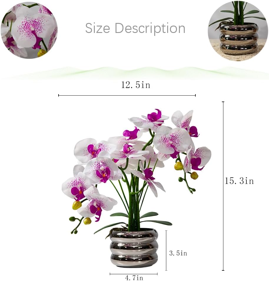 Artificial Orchids Flowers with Vase for Table Centerpieces, Real Touch Faux White Orchid Phalaenopsis in Ceramic Vase for Home Wedding Kitchen Decoration (White, Purple)