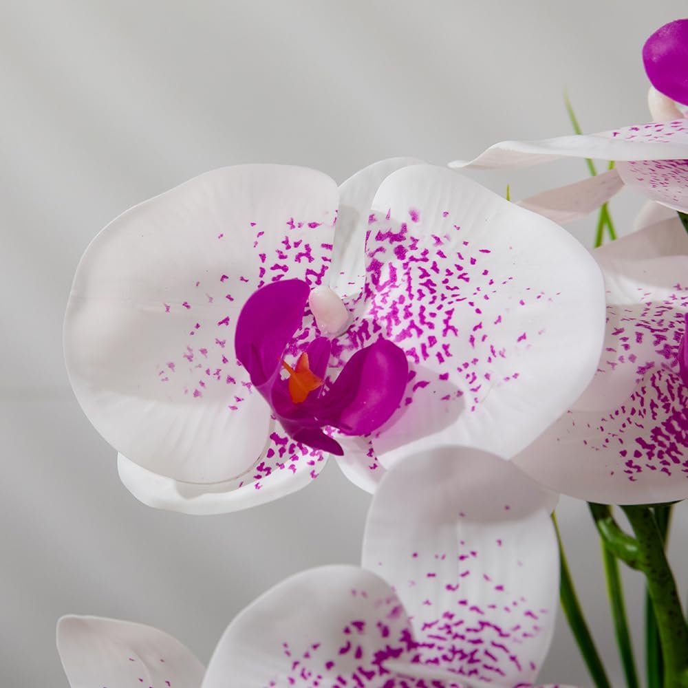 Artificial Orchids Flowers with Vase for Table Centerpieces, Real Touch Faux White Orchid Phalaenopsis in Ceramic Vase for Home Wedding Kitchen Decoration (White, Purple)
