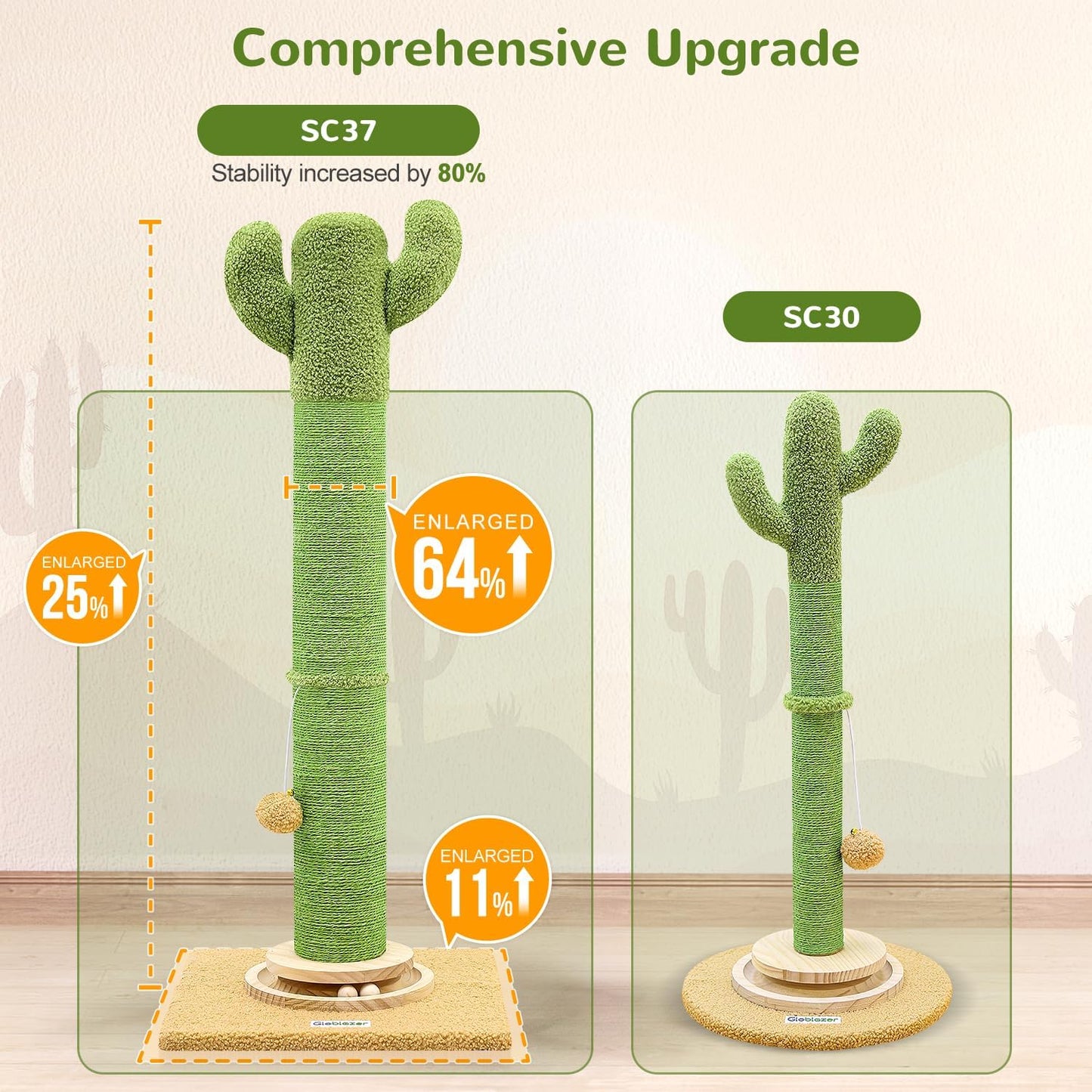 Extra Thick Scratching Posts for Indoor Large Cats Adults, 37inch Cactus Cat Scratching Post Cat Scratcher Cute Sisal Scratching Post with Modern Wooden Ball Tracking Interactive Toys, SC37
