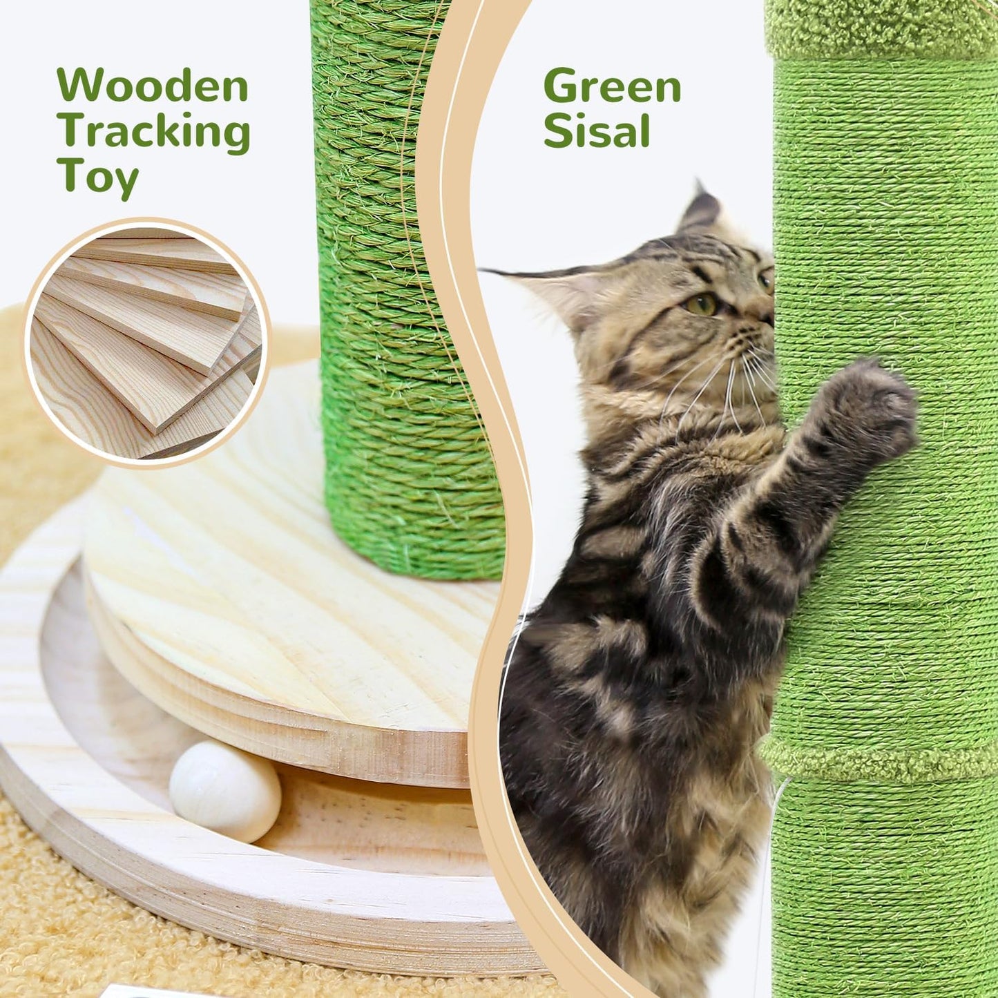Extra Thick Scratching Posts for Indoor Large Cats Adults, 37inch Cactus Cat Scratching Post Cat Scratcher Cute Sisal Scratching Post with Modern Wooden Ball Tracking Interactive Toys, SC37