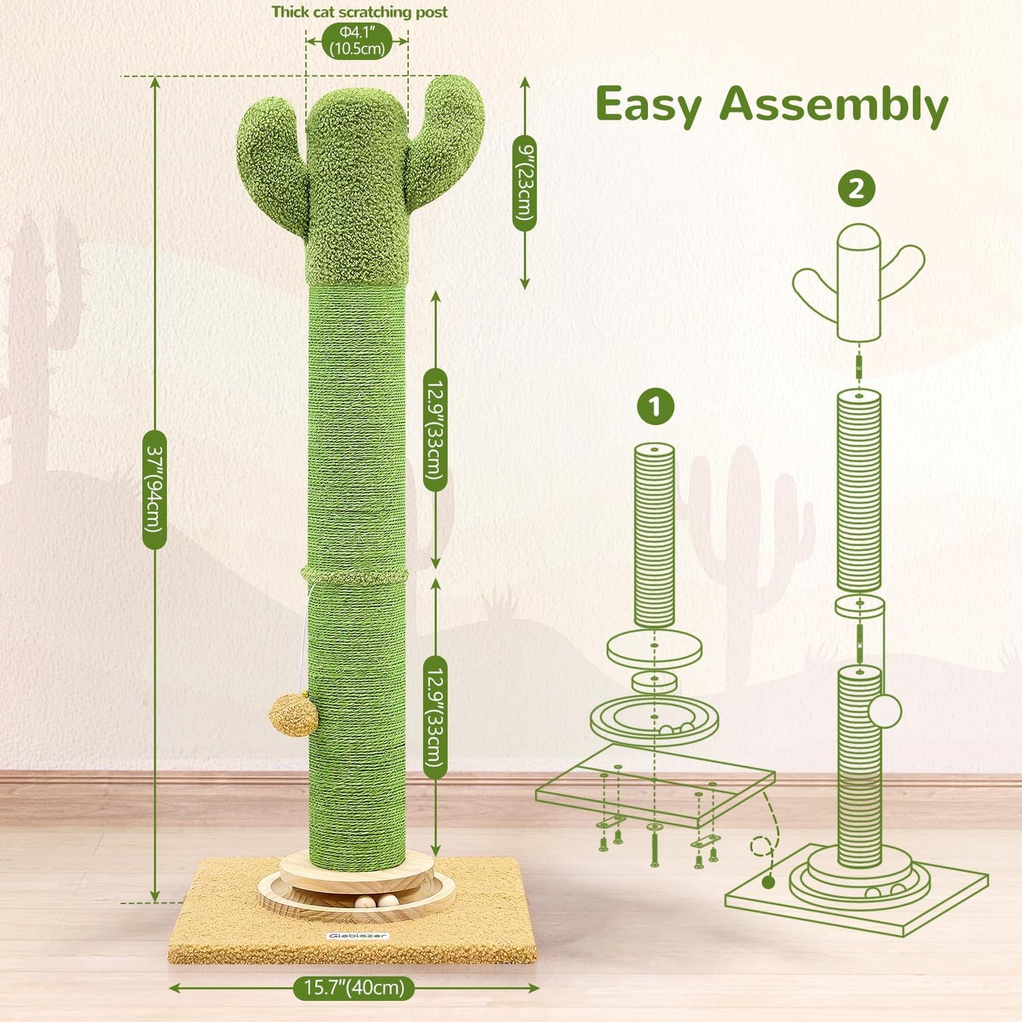 Extra Thick Scratching Posts for Indoor Large Cats Adults, 37inch Cactus Cat Scratching Post Cat Scratcher Cute Sisal Scratching Post with Modern Wooden Ball Tracking Interactive Toys, SC37
