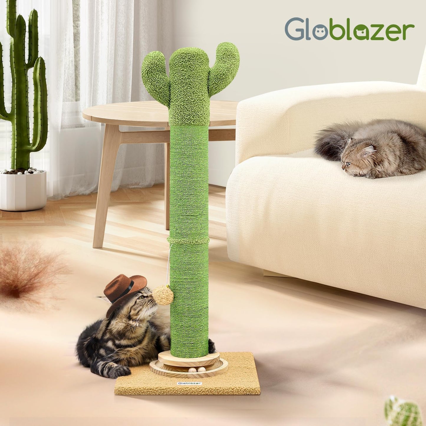 Extra Thick Scratching Posts for Indoor Large Cats Adults, 37inch Cactus Cat Scratching Post Cat Scratcher Cute Sisal Scratching Post with Modern Wooden Ball Tracking Interactive Toys, SC37