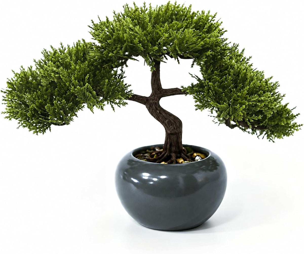9.5 Inch Artificial Bonsai Tree with Ceramic Pot - Decorative Fake Plant for Home Office Living Room Window Sill, Fake Plants for Year-Round Decoration（Gray）