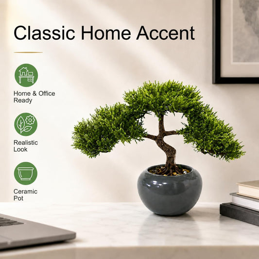 9.5 Inch Artificial Bonsai Tree with Ceramic Pot - Decorative Fake Plant for Home Office Living Room Window Sill, Fake Plants for Year-Round Decoration（Gray）
