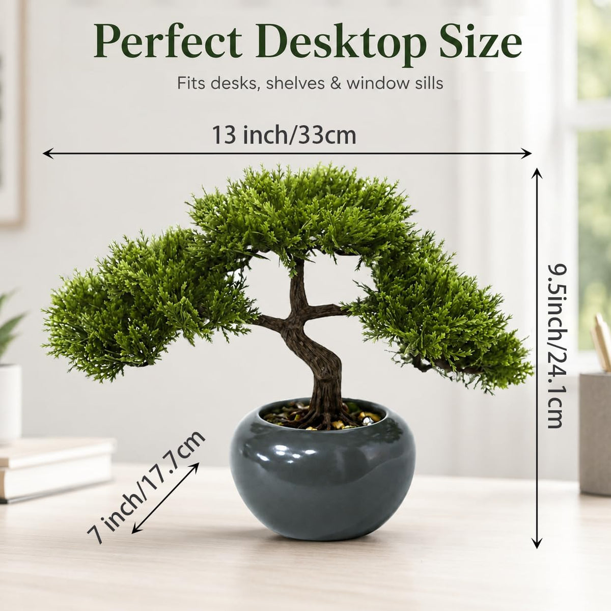 9.5 Inch Artificial Bonsai Tree with Ceramic Pot - Decorative Fake Plant for Home Office Living Room Window Sill, Fake Plants for Year-Round Decoration（Gray）