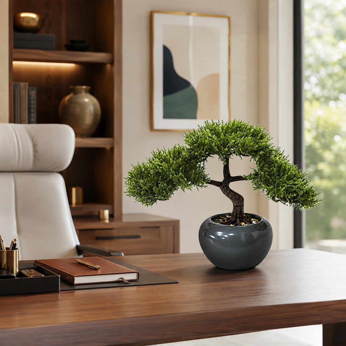 9.5 Inch Artificial Bonsai Tree with Ceramic Pot - Decorative Fake Plant for Home Office Living Room Window Sill, Fake Plants for Year-Round Decoration（Gray）