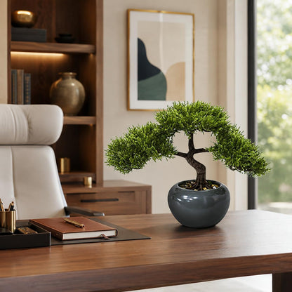 9.5 Inch Artificial Bonsai Tree with Ceramic Pot - Decorative Fake Plant for Home Office Living Room Window Sill, Fake Plants for Year-Round Decoration（Gray）