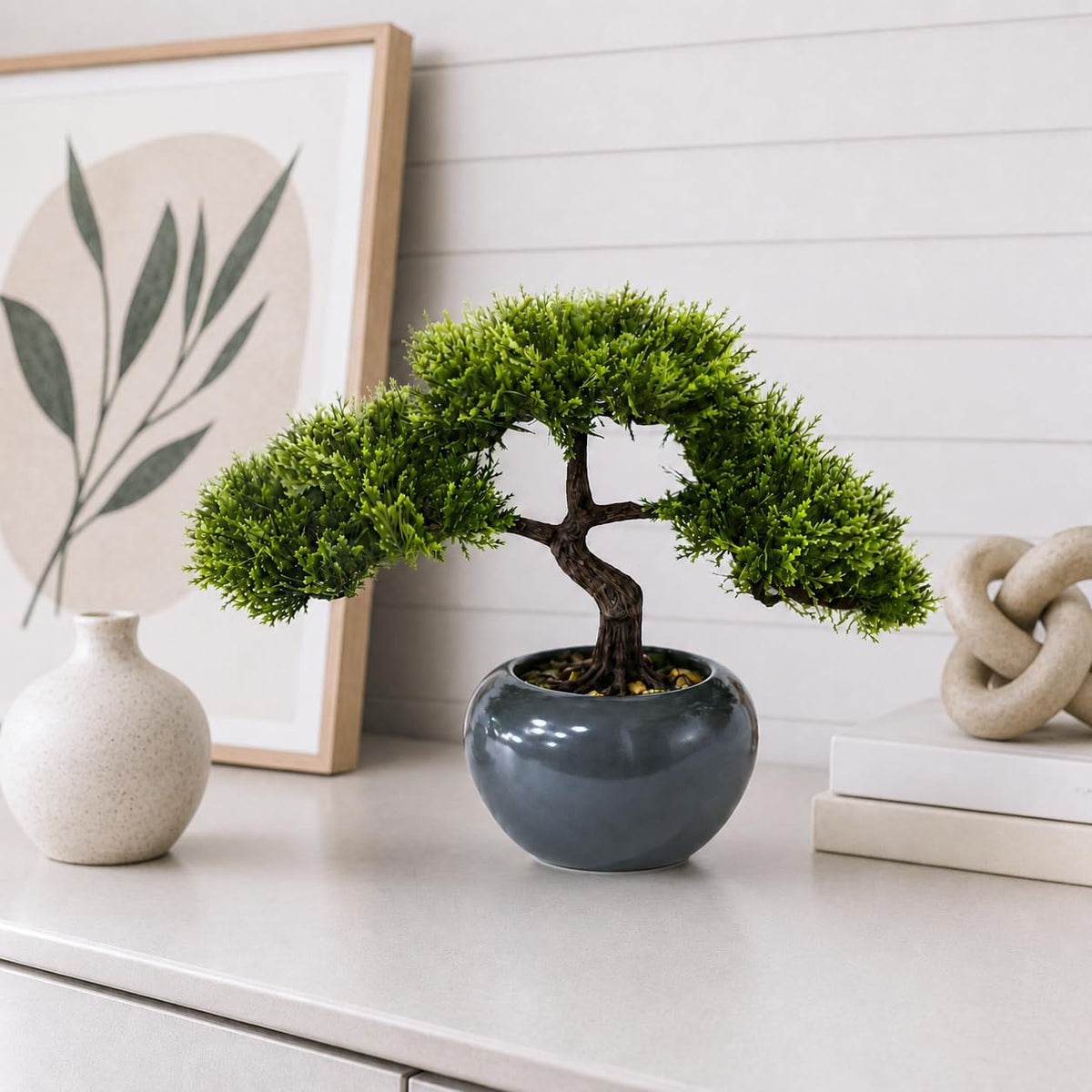 9.5 Inch Artificial Bonsai Tree with Ceramic Pot - Decorative Fake Plant for Home Office Living Room Window Sill, Fake Plants for Year-Round Decoration（Gray）