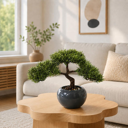 9.5 Inch Artificial Bonsai Tree with Ceramic Pot - Decorative Fake Plant for Home Office Living Room Window Sill, Fake Plants for Year-Round Decoration（Gray）