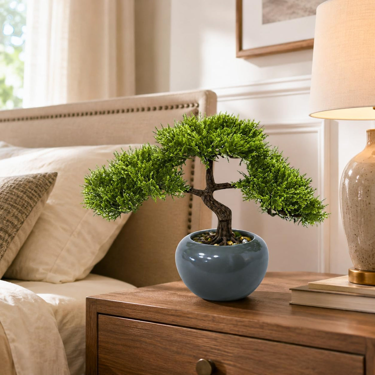 9.5 Inch Artificial Bonsai Tree with Ceramic Pot - Decorative Fake Plant for Home Office Living Room Window Sill, Fake Plants for Year-Round Decoration（Gray）