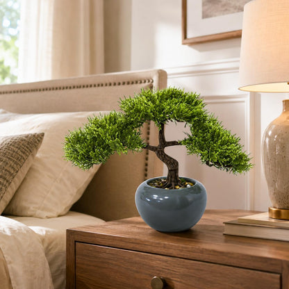 9.5 Inch Artificial Bonsai Tree with Ceramic Pot - Decorative Fake Plant for Home Office Living Room Window Sill, Fake Plants for Year-Round Decoration（Gray）