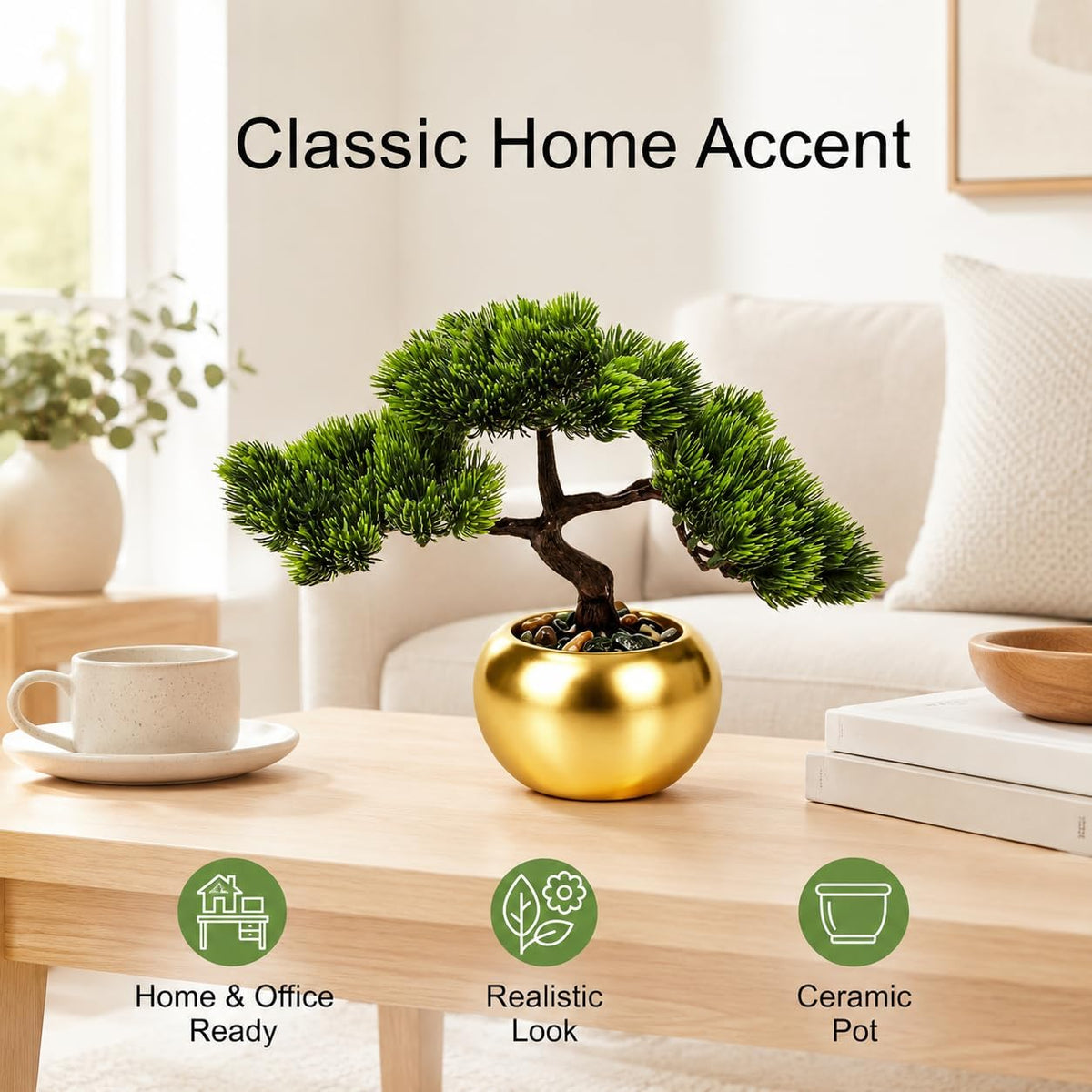 9.5 Inch Artificial Bonsai Tree with Ceramic Pot - Decorative Fake Plant for Home Office Living Room Window Sill, Fake Plants for Year-Round Decoration（Gray）