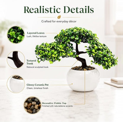 9.5 Inch Artificial Bonsai Tree with Ceramic Pot - Decorative Fake Plant for Home Office Living Room Window Sill, Fake Plants for Year-Round Decoration（Gray）