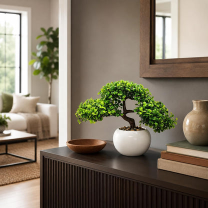 9.5 Inch Artificial Bonsai Tree with Ceramic Pot - Decorative Fake Plant for Home Office Living Room Window Sill, Fake Plants for Year-Round Decoration（Gray）