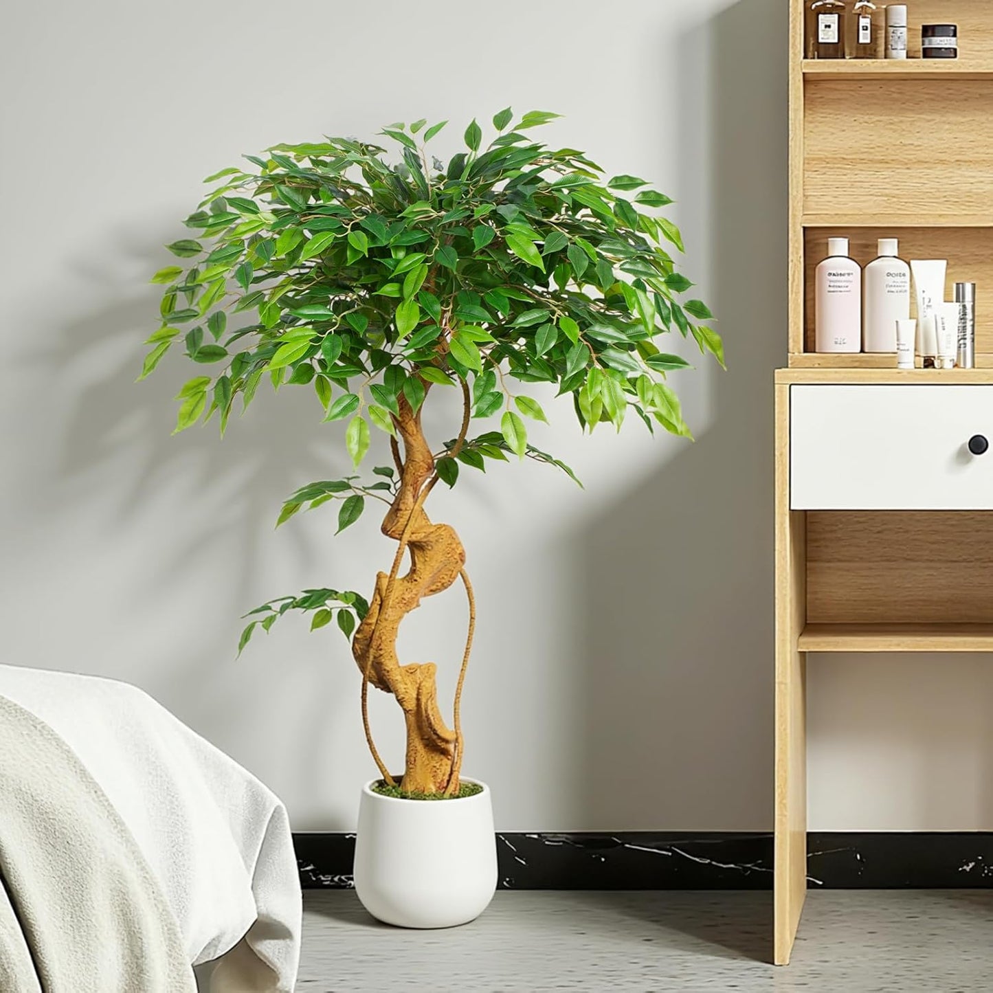 6ft Large Ficus Artificial Trees in White Pot, 72" Tall Fake Silk Tree with Natural Curved Trunk, Lush Faux Ficus Tree for Indoor Home Decor, Living Room, Office & Patio