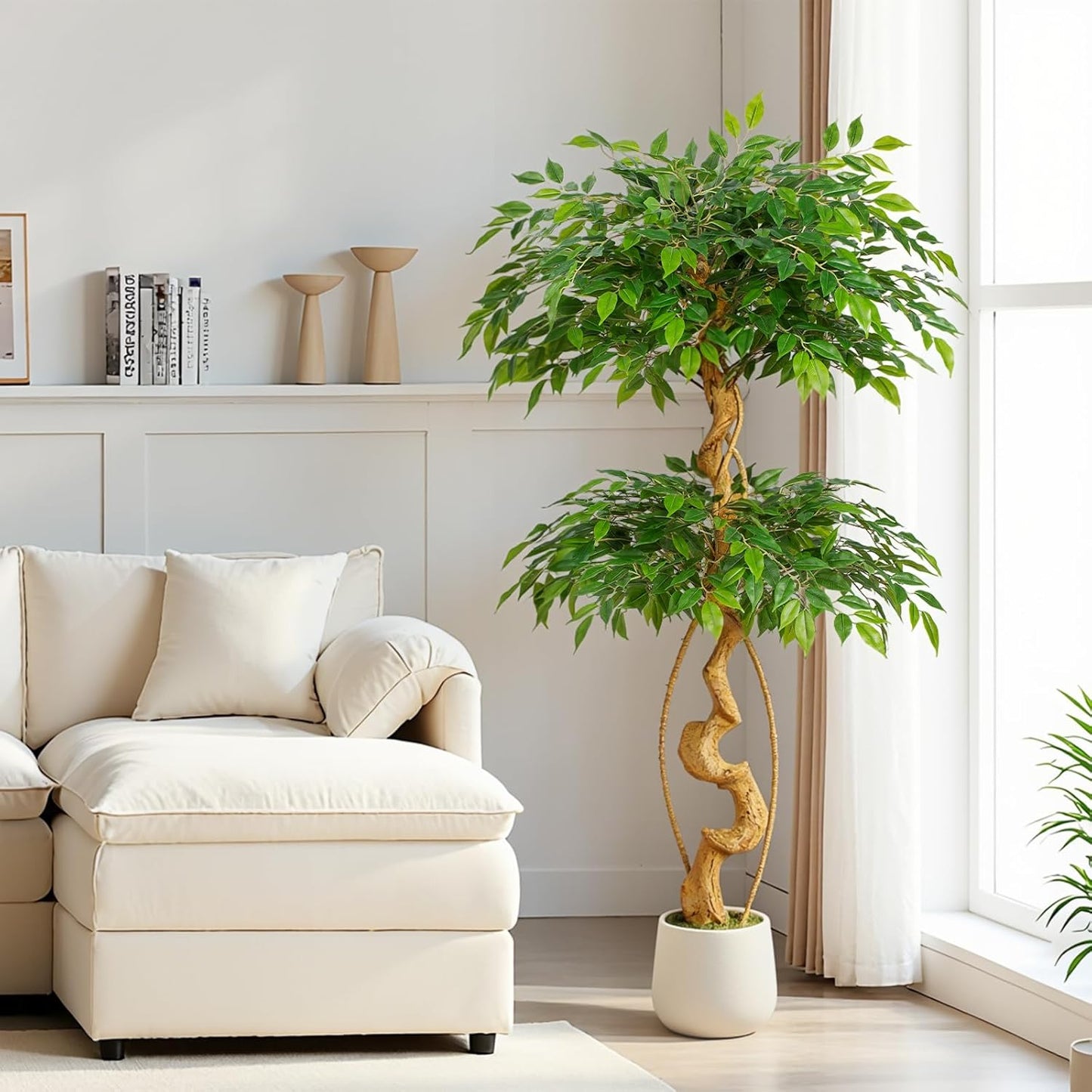 6ft Large Ficus Artificial Trees in White Pot, 72" Tall Fake Silk Tree with Natural Curved Trunk, Lush Faux Ficus Tree for Indoor Home Decor, Living Room, Office & Patio