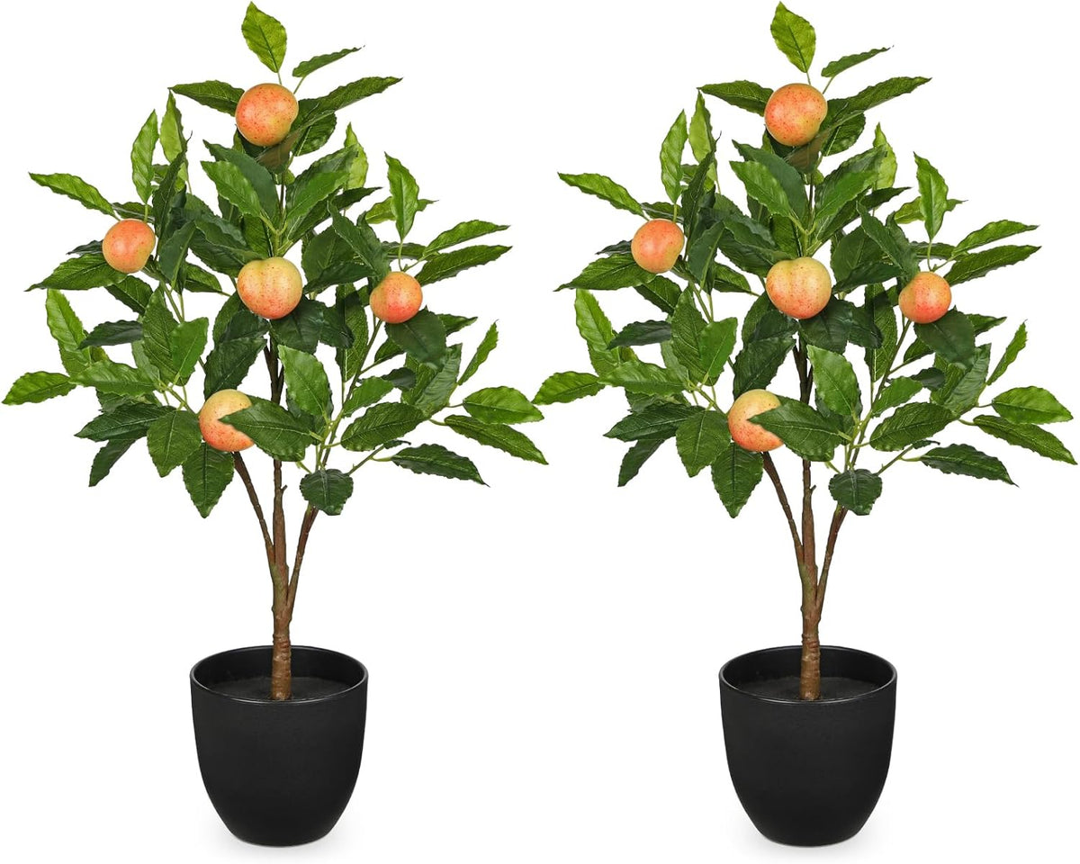 2Ft Artificial Peach Trees, 2 Packs Large Artificial Plants Indoor with Black Pots Faux Potted Trees Fake Floor Plants Peach Decorations for Home Living Room Office, Bedroom Table, Desk