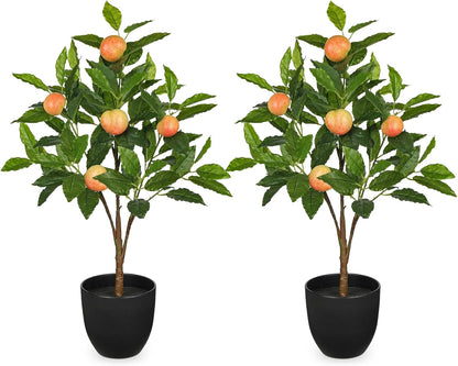 2Ft Artificial Peach Trees, 2 Packs Large Artificial Plants Indoor with Black Pots Faux Potted Trees Fake Floor Plants Peach Decorations for Home Living Room Office, Bedroom Table, Desk