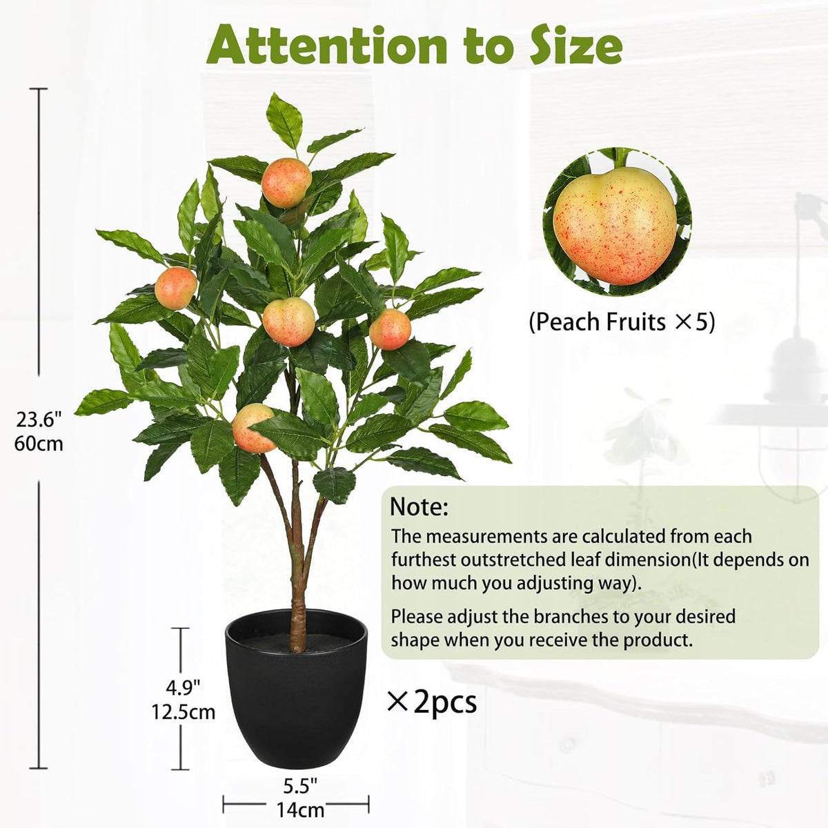 2Ft Artificial Peach Trees, 2 Packs Large Artificial Plants Indoor with Black Pots Faux Potted Trees Fake Floor Plants Peach Decorations for Home Living Room Office, Bedroom Table, Desk