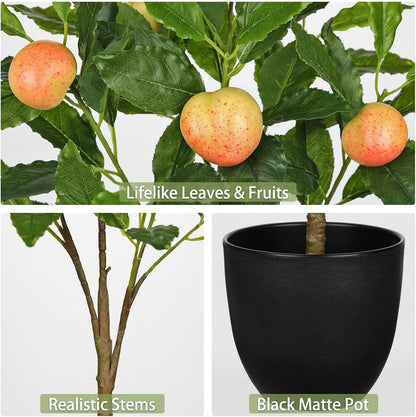 2Ft Artificial Peach Trees, 2 Packs Large Artificial Plants Indoor with Black Pots Faux Potted Trees Fake Floor Plants Peach Decorations for Home Living Room Office, Bedroom Table, Desk