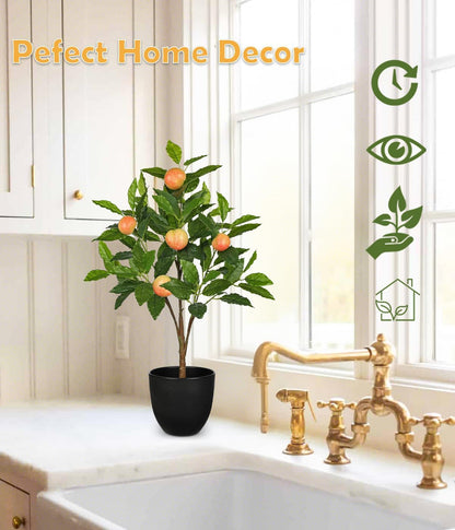 2Ft Artificial Peach Trees, 2 Packs Large Artificial Plants Indoor with Black Pots Faux Potted Trees Fake Floor Plants Peach Decorations for Home Living Room Office, Bedroom Table, Desk