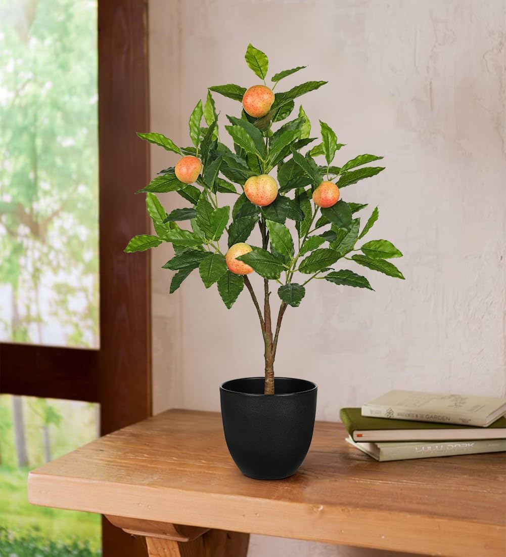 2Ft Artificial Peach Trees, 2 Packs Large Artificial Plants Indoor with Black Pots Faux Potted Trees Fake Floor Plants Peach Decorations for Home Living Room Office, Bedroom Table, Desk