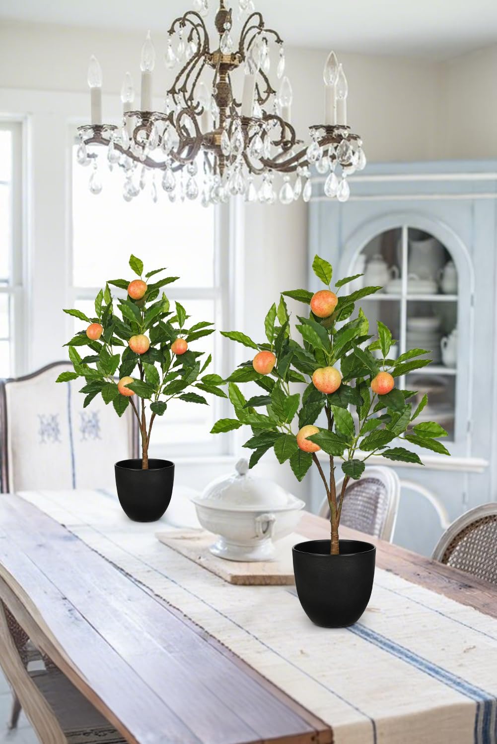 2Ft Artificial Peach Trees, 2 Packs Large Artificial Plants Indoor with Black Pots Faux Potted Trees Fake Floor Plants Peach Decorations for Home Living Room Office, Bedroom Table, Desk