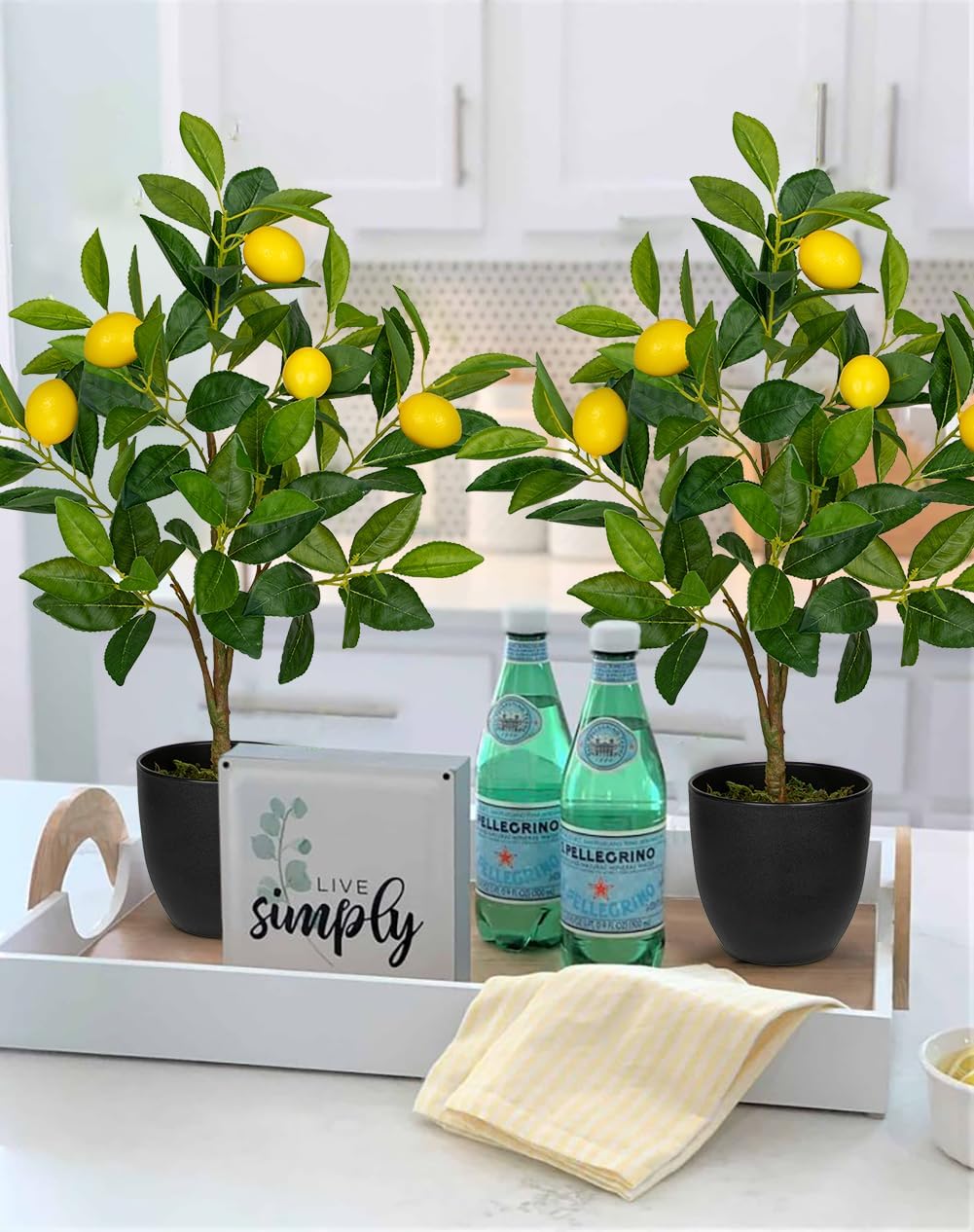 2Ft Artificial Peach Trees, 2 Packs Large Artificial Plants Indoor with Black Pots Faux Potted Trees Fake Floor Plants Peach Decorations for Home Living Room Office, Bedroom Table, Desk