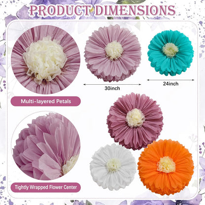 5 Pcs 30'' 24'' Giant Poppy Red Tissue Paper Flowers Wizard Party Decoration Large Hanging Tissue Paper Poppies Pom Poms Decor for Halloween Witch Veterans Day Carnival Memorial Day Birthday