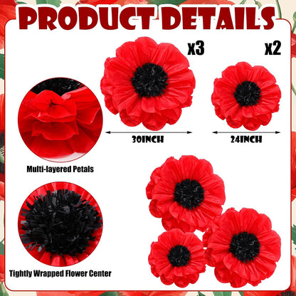 5 Pcs 30'' 24'' Giant Poppy Red Tissue Paper Flowers Wizard Party Decoration Large Hanging Tissue Paper Poppies Pom Poms Decor for Halloween Witch Veterans Day Carnival Memorial Day Birthday