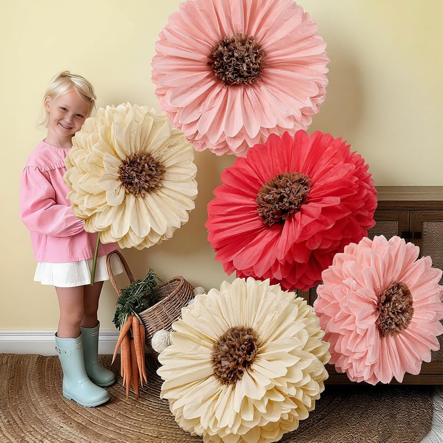 5 Pcs 30'' 24'' Giant Poppy Red Tissue Paper Flowers Wizard Party Decoration Large Hanging Tissue Paper Poppies Pom Poms Decor for Halloween Witch Veterans Day Carnival Memorial Day Birthday