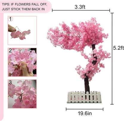 5ft Cherry Blossom Tree Artificial for Wedding ＆ Home Decoration | Free Standing Handmade Fake Japanese Pink Flower Trees with LED Lights, for Indoor Outdoor Party Decor