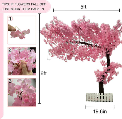 5ft Cherry Blossom Tree Artificial for Wedding ＆ Home Decoration | Free Standing Handmade Fake Japanese Pink Flower Trees with LED Lights, for Indoor Outdoor Party Decor