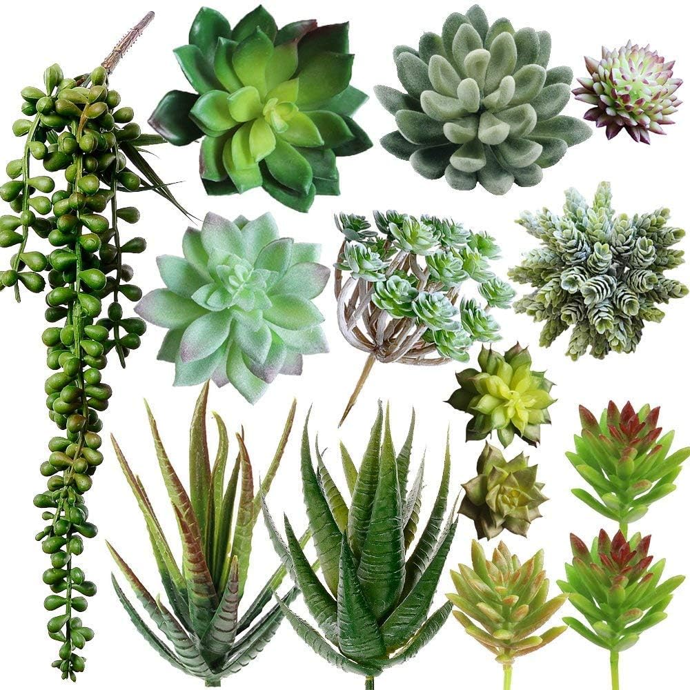 Winlyn 6 Pcs Unpotted Fake Succulents Assorted Faux Succulent in Different Green Artificial Hanging Succulents Textured Faux Succulent Pick Hanging String of Pearls Plant for Wedding Centerpieces