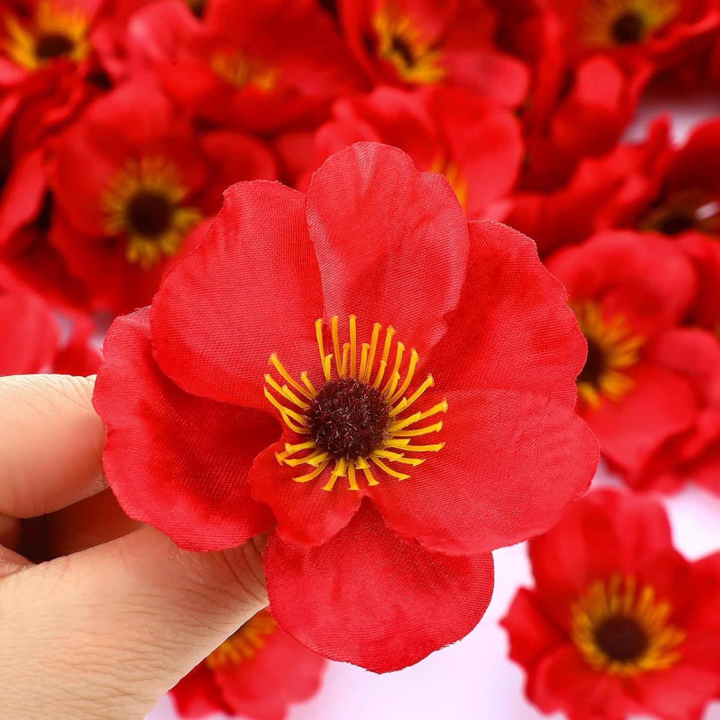 90 Pcs 3.15 Inch Red Poppy Flowers Artificial Poppy Heads Bulk Fake Silk Party Flowers for Halloween Trunk or Treat Veterans Day Decoration Carnival Memorial Day Backdrop Decor