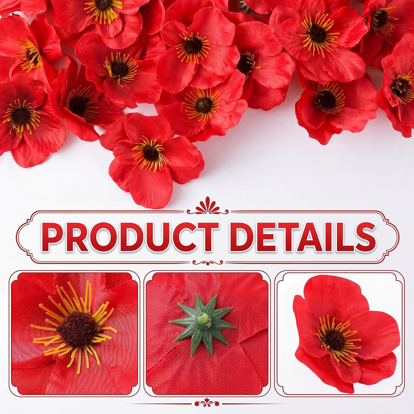 90 Pcs 3.15 Inch Red Poppy Flowers Artificial Poppy Heads Bulk Fake Silk Party Flowers for Halloween Trunk or Treat Veterans Day Decoration Carnival Memorial Day Backdrop Decor