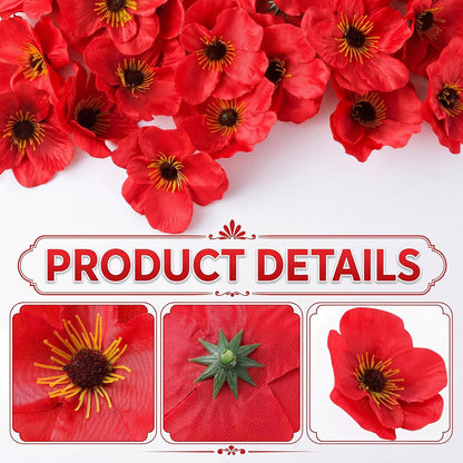 90 Pcs 3.15 Inch Red Poppy Flowers Artificial Poppy Heads Bulk Fake Silk Party Flowers for Halloween Trunk or Treat Veterans Day Decoration Carnival Memorial Day Backdrop Decor