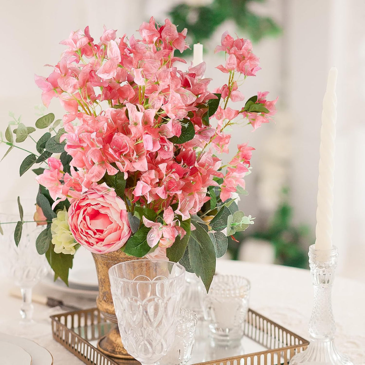 Silk Bougainvillea Artificial Flowers, UV Resistant, 48 Branches, Long Stems Faux Flower, Realistic Fake Bougainvillea Vines, for Wedding Porch Home Party Garden DIY Decor - 38 inch (Fuchsia)
