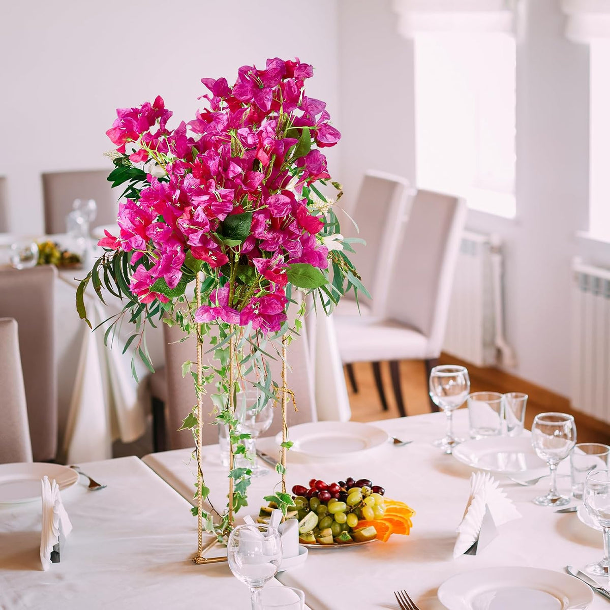 Silk Bougainvillea Artificial Flowers, UV Resistant, 48 Branches, Long Stems Faux Flower, Realistic Fake Bougainvillea Vines, for Wedding Porch Home Party Garden DIY Decor - 38 inch (Fuchsia)