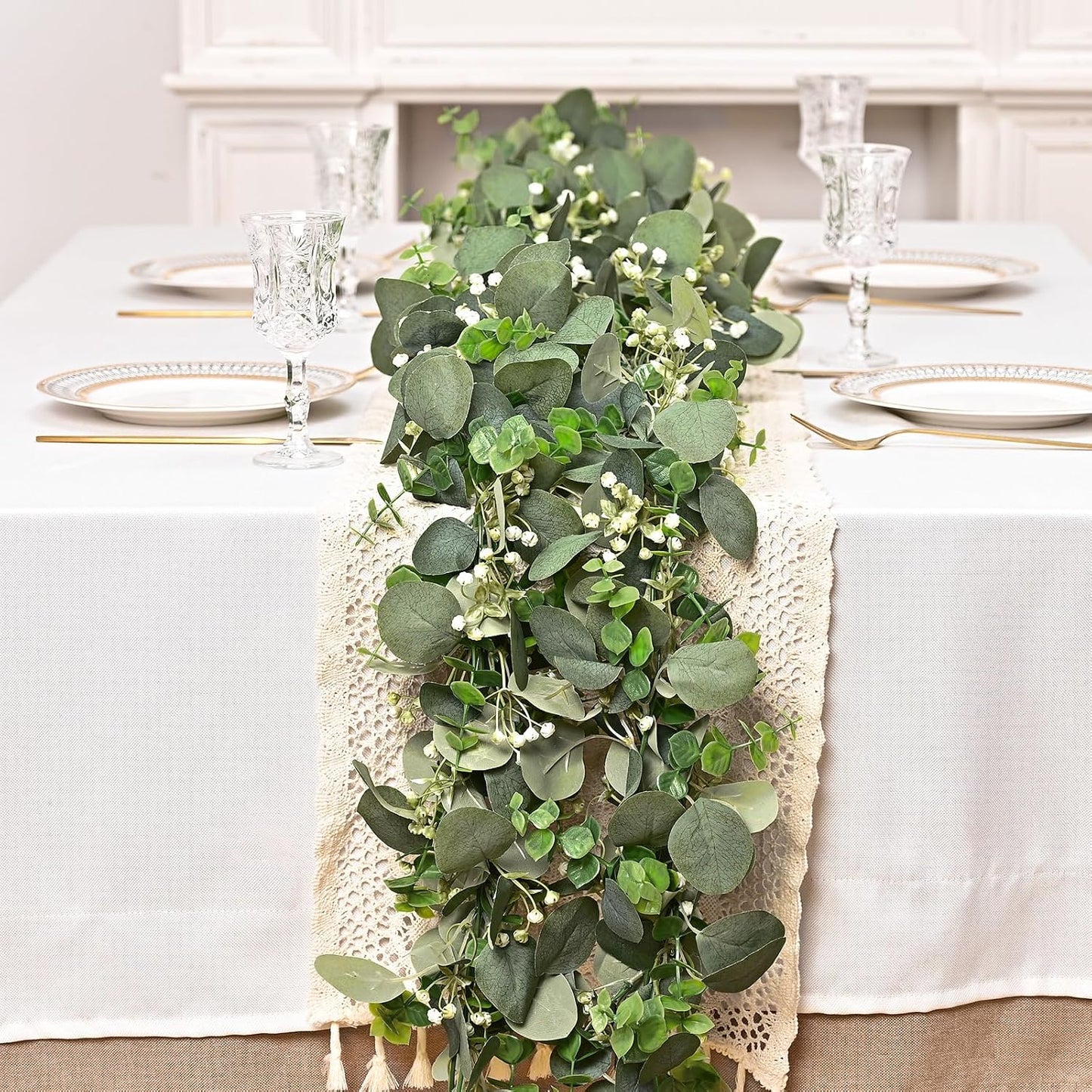 Dolicer 2 Packs 6FT Artificial Eucalyptus Garland, Faux Greenery Garland Hanging Fake Silver Dollar Eucalyptus Leaves Vines for Wedding Backdrop Arch Table Wall Party Home Decor