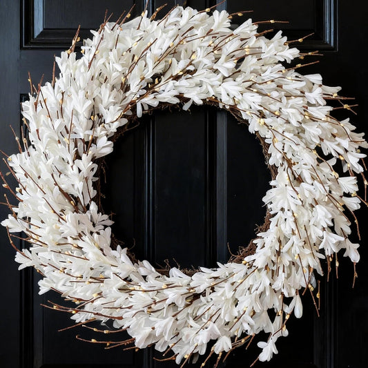 26 Inch Forsythia Spring Wreath for Front Door, Large Spring Summer Floral Wreath, Artificial Spring Door Wreaths All Season for Porch, Wall, Window, Farmhouse Decor (White)
