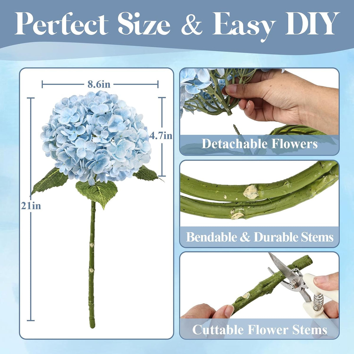 21" Blue Hydrangea Artificial Flowers Real Touch Latex Fake Hydrangeas