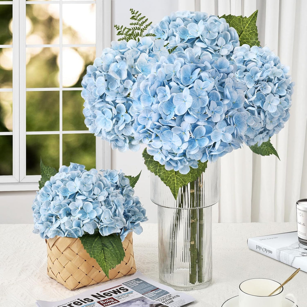 21" Blue Hydrangea Artificial Flowers Real Touch Latex Fake Hydrangeas